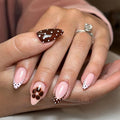 Almond Press on Nails Polka Dot Fake Nails French Tip False Nails Brown Flowers Glue on Nail Reusable Acrylic Nails Full Cover Stick on Nail for Women Manicure 24Pcs