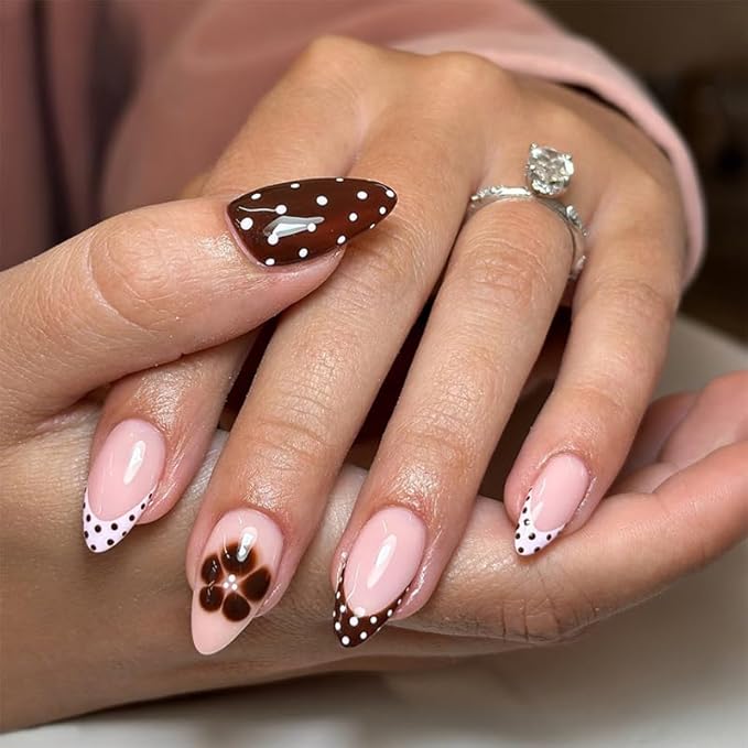 Almond Press on Nails Polka Dot Fake Nails French Tip False Nails Brown Flowers Glue on Nail Reusable Acrylic Nails Full Cover Stick on Nail for Women Manicure 24Pcs