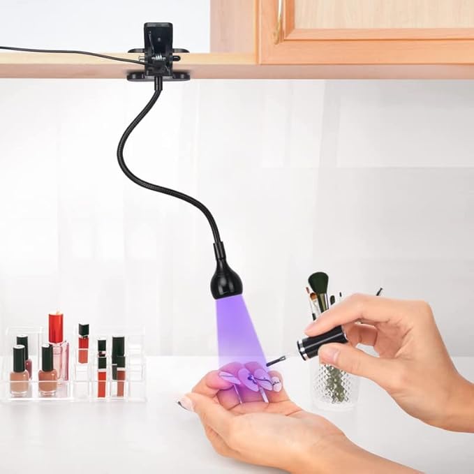 UV Light for Gel Nails 3W UV Nail Lamp, with Gooseneck, 4 Levels Dimming, 365+395nm Wavelength, Portable Clamp with USB Charge, for Decoration DIY at Home Salon Manicure