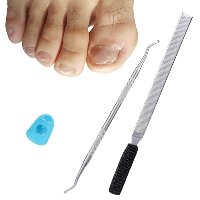 3-in-1 Nail File Kit: Heavy Duty Toe Nail Files for Thick Nails & Seniors with Ingrown Lifter, Thumb Guard | Non-Slip Metal Emery Boards for Nails/Silver Lifter