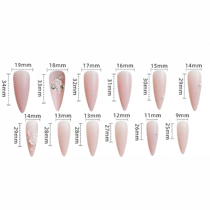 24PCS Long Stiletto Press On Nails-Matte Nude Pink Fake Nails with 3D Resin Rose Flower & Pwarl Acctents, Reusable Artifical Nail Tips for Women,Perfect for Wedding,Prom&Romantic Occasions