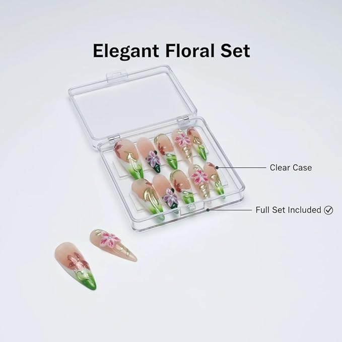 Handmade Press on Nails Long Stiletto False Nails French Tip Fake Nails with 3D Flower Designs Sparkly Green luxury Artificial Nails Reusable for Women 10pcs (Size M）