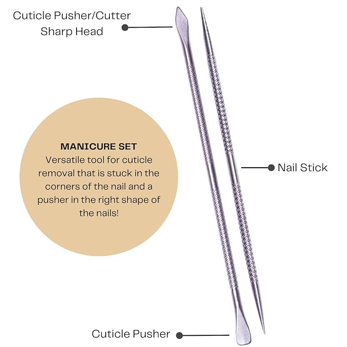Mundial Nail Care 3 Piece Set - Professional Stainless Steel Cuticle Nippers with Double Nail Spatula and Pusher, Manicure, and Pedicure Trimmer Kit