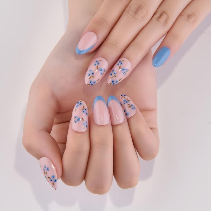 evpct Nude Pink Press on Nails Short Almond with Blueberry Design, Blue Tip Full Cover Fake Nails Reusable Perfect Fit Nail Kit with Kits Tabs File, Stick on Soft Nail for Women Manicure, 24Pcs