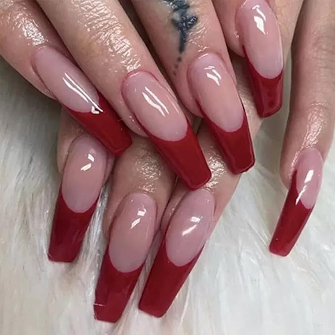 Hallonween Press On Nails [24pcs] Red Trapezoid French Fake Nails | Reusable ，Perfect Fake Nails for Women&Girls