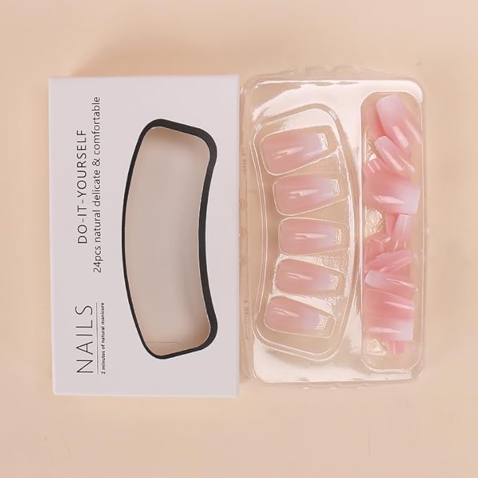 Ombre Press on Nails Short Square Fake Nails White Gradient Nails Press ons with Design Reusable Artificial Nail Full Cover Glue on Nail Stick on Nails for Women Manicure 24Pcs