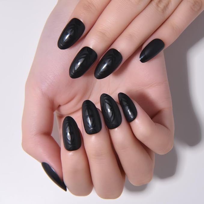 evpct Black Matte Press on French Nails Short Almond with Design, Matte Bed Glossy Tip, Artificial Acrylic Fake Nails Reusable with Pattern Design, Soft Gel Full Cover Stick on Soft Nail Kit for Women