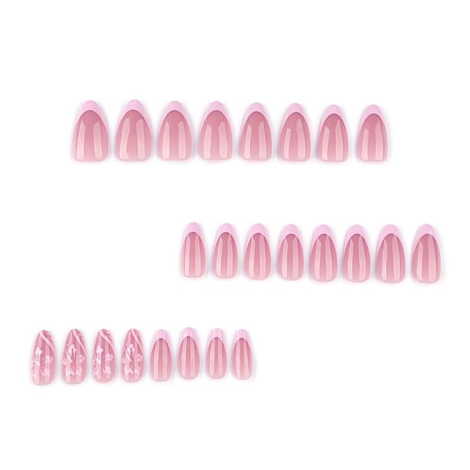 Pink Flower Press on Nails Medium Almond,Pink French Tip Fake Nails Press ons with Floral Design,Glossy Finish | Reusable | Nail Kit with Jelly Adhesive Tabs | 24 Pcs