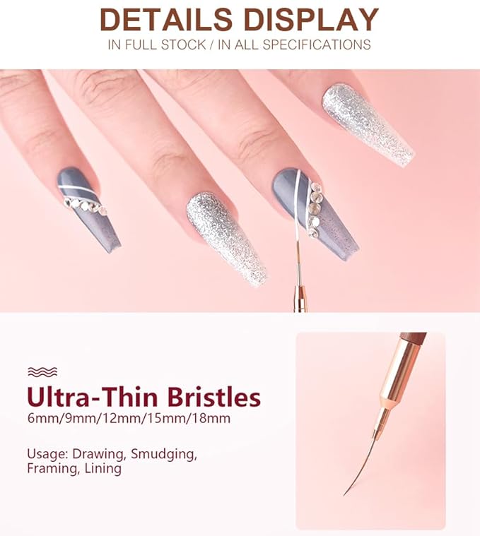 KADS Fine Liner Brush, Nail Art Striping Brushes 6/9/12/15/18mm Thin Line Nail Brush Detail Drawing Brush Gel Nail Polish Brush (Set of 5Pcs)
