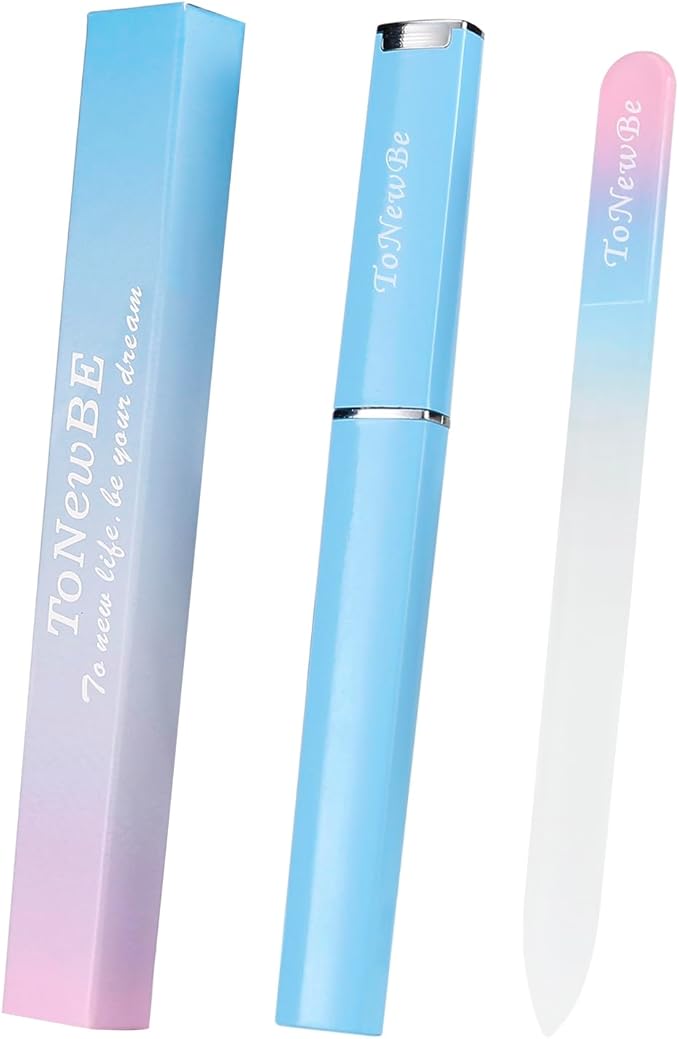 Glass Nail File in Case, Glass Fingernail File, Czech File, Double-Sided Etched Nail File for Nail Art & Nail Care, Christmas Gifts Stocking Stuffers (Pink-Blue)