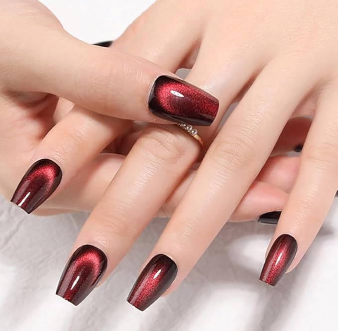 evpct Deep Burgundy Red Cat Eye Press on Nails Square Medium Coffin, Medium Square Stick on Nails for Women Gift, Dark Red Metallic Glitter Glossy Reusable Spring Summer Gel Press on Acrylic Fake Nail