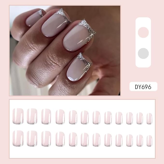 Press on Nails Square - Silver French Tip Fake Nails - Glossy Glitter Full Cover Stick on False Nails - for Women 24 Pcs