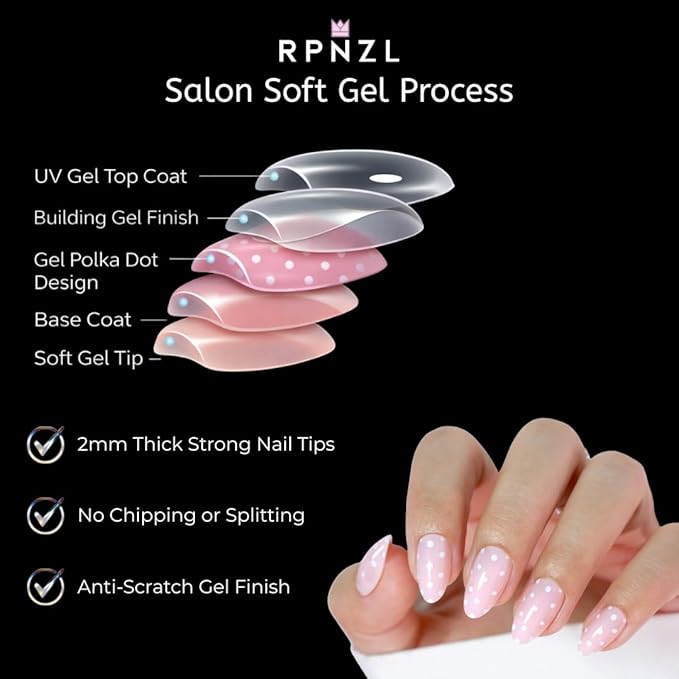 Press On Nails - Sugar | Pink Polka Dot UV Finish Almond Nails, Reusable Salon Quality | 32 Nails, 16 Sizes Kit with Glue and Adhesive Tabs I Female Founded