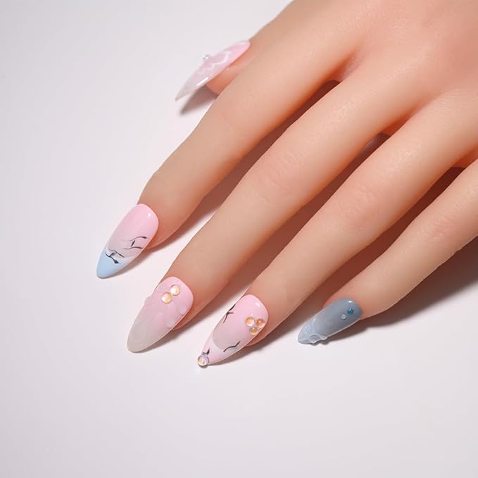 10PCS Luxury Handmade Press On Nails Nude Gradient Cat's Eye with Pearl Bow & Sparkling Rhinestones for Wedding & Party Reusable Almond Fake Nails Design Gift For Women and Girls (L03, S)