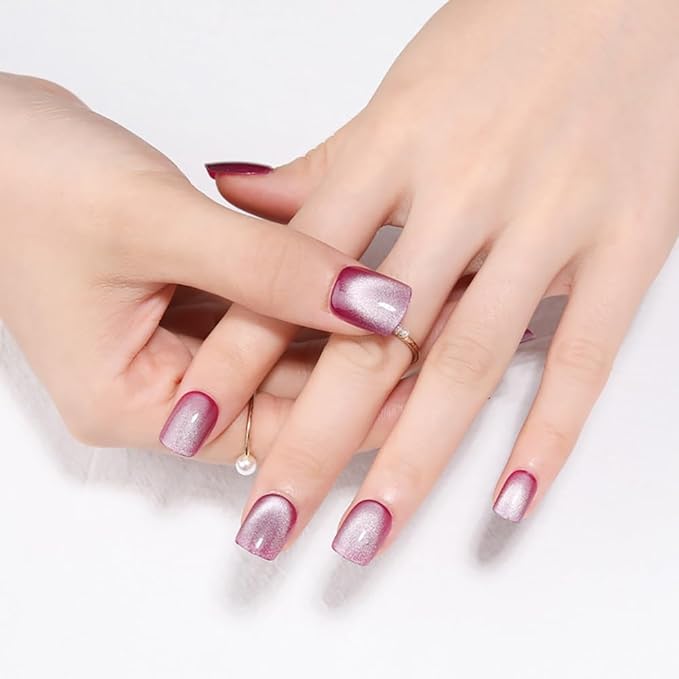 Rose Purple to White Gradient Press On Nails Short Square Cat Eye Nails, Fashion Gel Fake Nails, Reusable Acrylic Fake Nails, Glossy Stick On Nails for Women, Glue On Nail Kit, Purple Moonlight Glow
