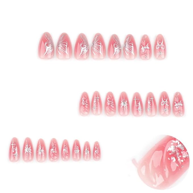 Pink Press on Nails Medium Almond Fake Nails with Pearl Bow Charm Design Silver Star False Nails 3D Water Ripple Glue on Nails Reusable Glossy Glitter Summer Stick on Nails for Women Manicure 24Pcs