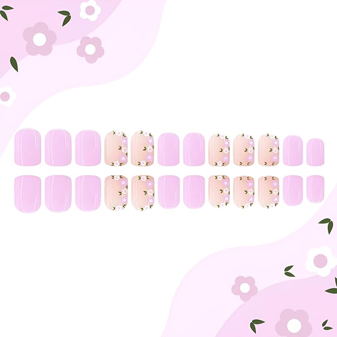 Flower Press on Nails Short Square Fake Nails Nude Purple Nails Press Ons Glossy Full Cover False Nails Summer Spring Stick on Nail DIY Acrylic Glue on Nail for Women Decorations Set 24Pcs