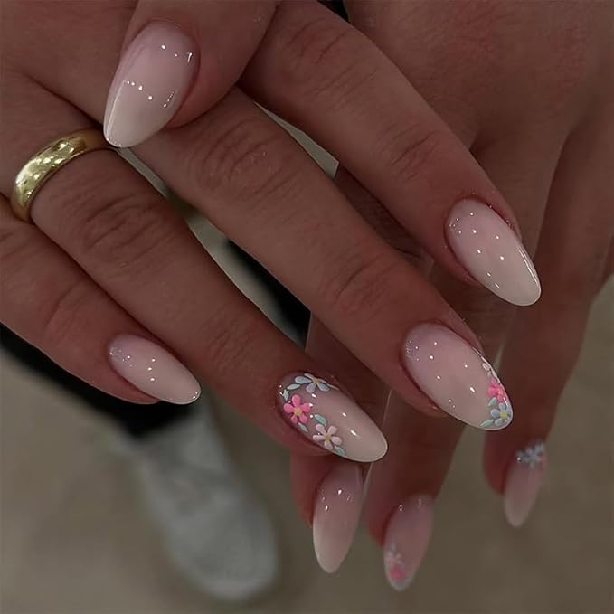 Press on Nails Almond Painted Flowers French Fake French Fake Nails Reusable Nail Kit with Glue Adhesive Tabs Mini Nail File for Women Manicure Nail Art Decoration 24PCS