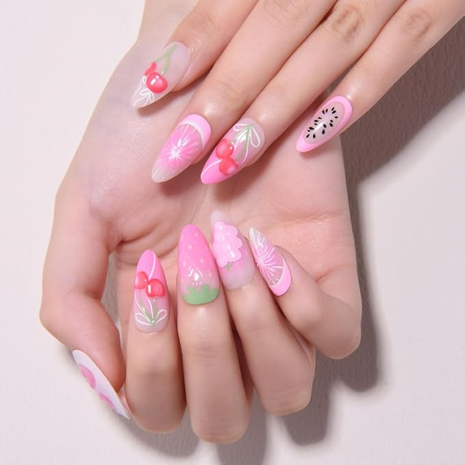 3D Press on Nails Medium Almond with Pink Strawberry Design, White Paw Print Fruite Nail Press ons Glossy Stick on Nails for Women Reusable with Kit, Stick on Cute Fake Nail with Designs Perfectly Fit