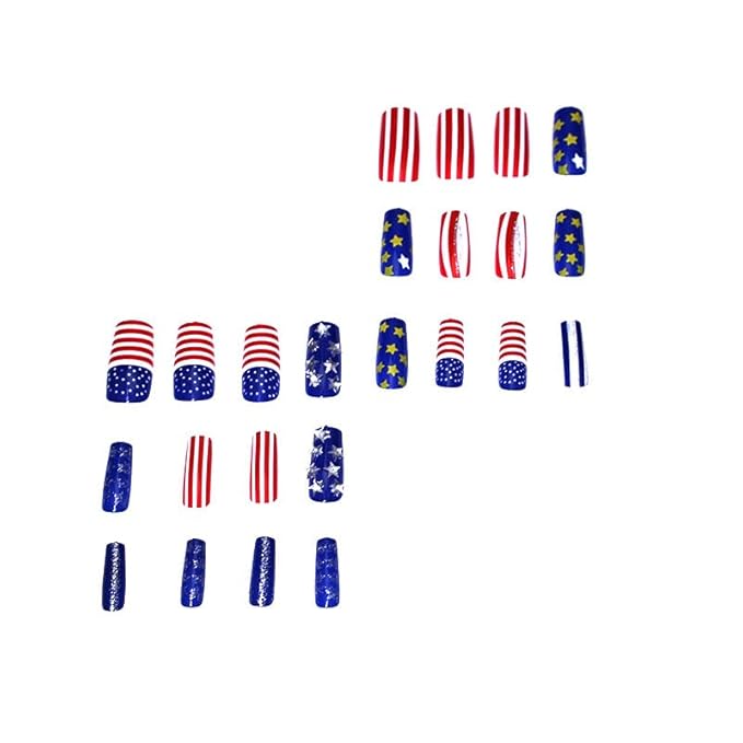 Press on Nails Independence Day Medium Length Fake Nails Red Stripe Glossy False Nails with 3D Star Designs 4th of July Reusable Acrylic Nails Square False Nails for Women Girls 24Pcs
