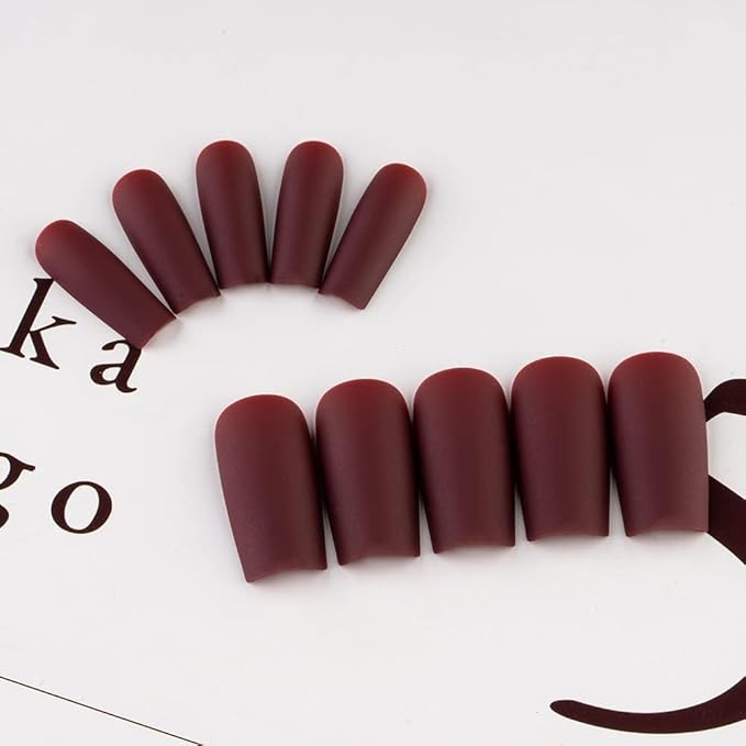 KQueenest Matte Wine Red Press on Nails Long Medium Square, Burgundy Red Fake Nails Medium Coffin, Sheer Color Acrylic Nails Press ons, Reusable Soft Gel Glue on Nails for Women Fall Winter