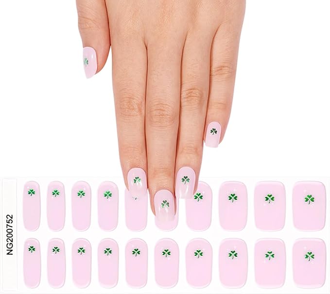 St. Patrick's Day Semi Cured Gel Nail Strips - 20Pcs Shamrock UV Gel Nail Wraps, Long Lasting Salon-Quality Stickers, Includes Nails File & Wooden Stick - UV/LED Lamp Required