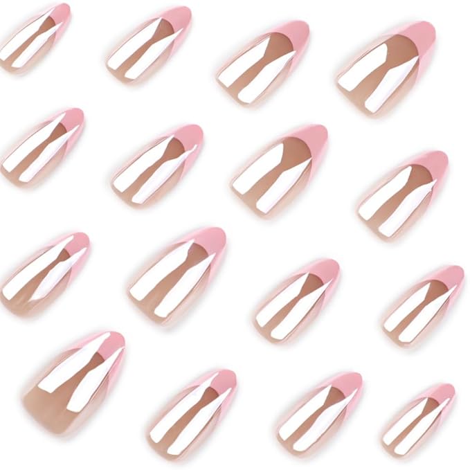 French Tip Press on Nails - Pink Fake Nails Press ons - Almond Chrome False Nails - Medium Glue on Nails - Cute Acrylic Stick on Nail for Women Nail Manicure 24Pcs
