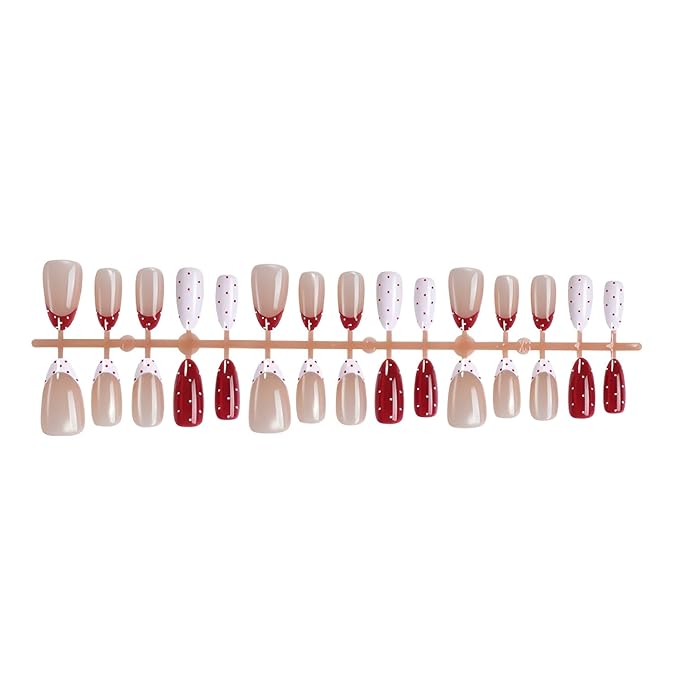 30Pcs Polka Dot Press on Nails Medium Almond Fake Nails French Tip Nails Press Ons Glossy False Nails Pink Red Glue on Nail Polka Dot French Tip Stick on Nail for Women Decoration Set