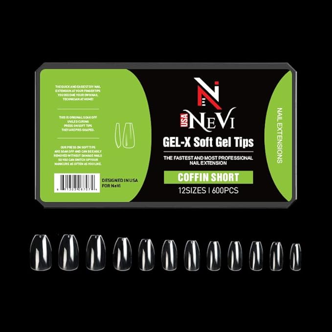 Nail Gel-X Natural Coffin Short Tips Set - NeVi USA Premium Quality, 600 Tips in 10 Sizes - Complete DIY Nail Extension Kit | No Size 00 Included #5 and #6 Are Double Quantity