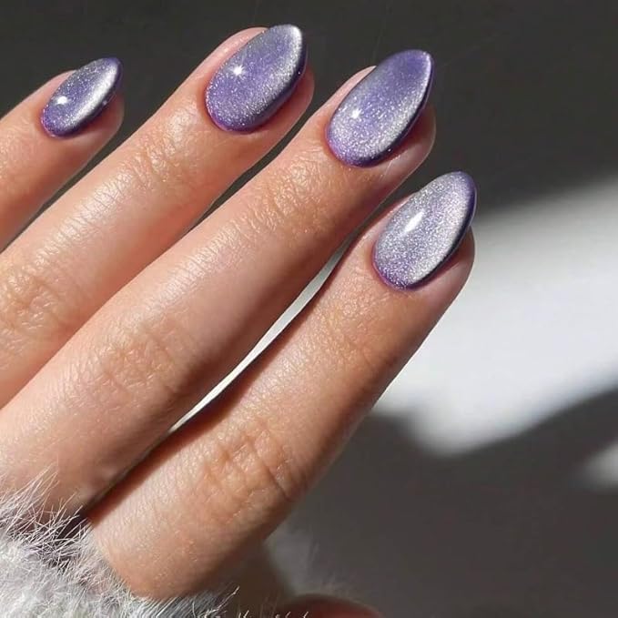Purple Press on Nails Short Almond Fake Nails Finish Cat Eye False Nails Solid Color Glue on Nail Reusable Glitter Gradient Acrylic Nails Full Cover Stick on Nail for Women Manicure 24Pcs