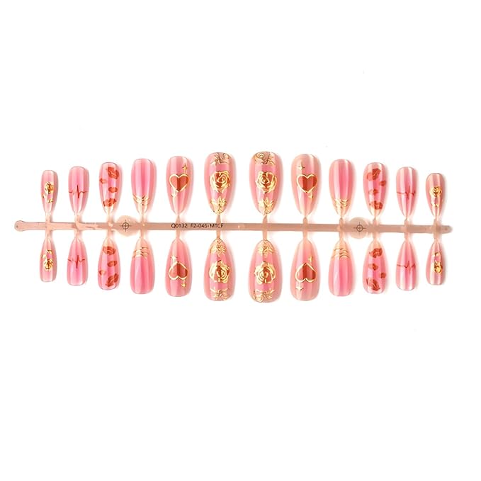 24Pcs Valentines Press on Nails Medium Almond Fake Nails Heart False Nails Flower Nails Press Ons with Gold Design Glossy Stick on Nail Gradient Glue on Nail for Women Decoration Set