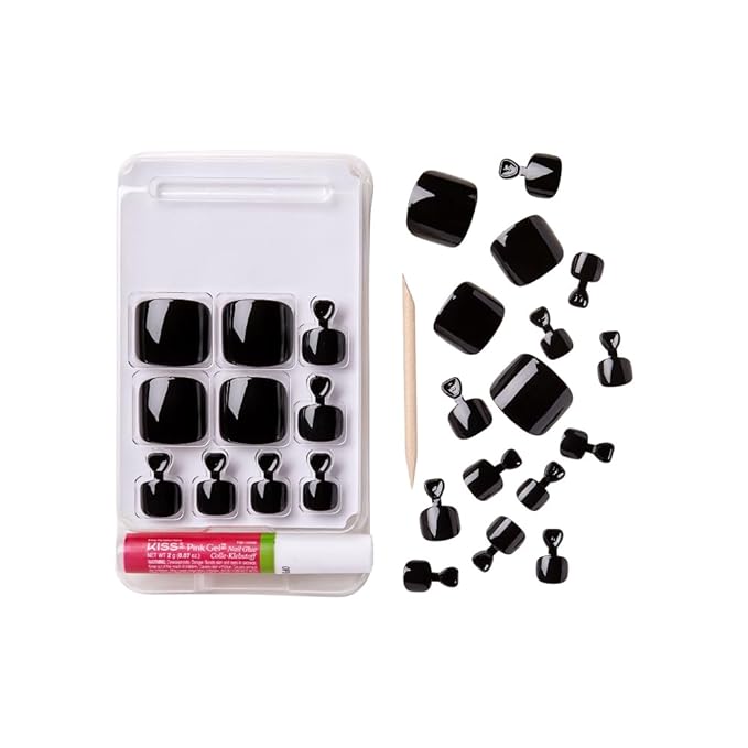 Goldfinger Press on Toenails Kit Wider Fit, Bold Glossy Black Color Toenail, Ready to Wear Gel & Manicure Stick, 2g Glue Included, Long-Lasting Convenient & Easy to Apply