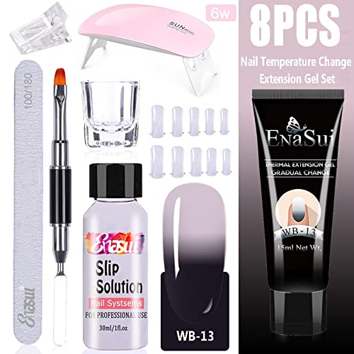 15ml Chameleon Poly UV Gel Temperature Color-Changing Black Nail Builder Gel Nail Enhancement Trial Kit LED Lamp Slip Solution Glitter Poly Builder Gel Nail 8PCS/Kit (Black Color Change)