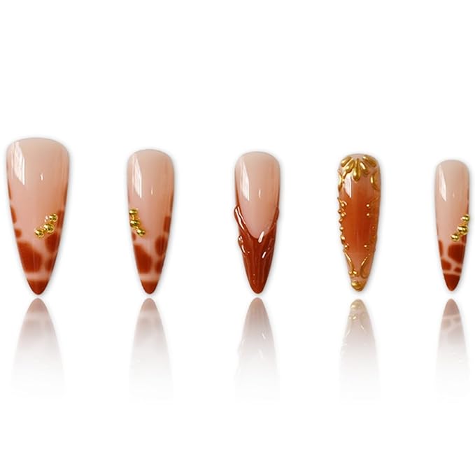 Long Press on Nails Almond Fake Nails Brown Artificial Nail with Gold Charm Designs Cute Leopard Stick on Nail for Women 24pcs