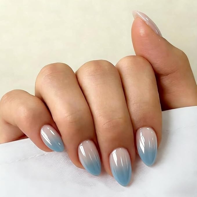 Chrome Ombre Teal Blue Press on Nails Short Almond, Glazed Cute Fake Nails with Sparkle Mirror Design, Shiny Glitter Glue on Nails Stiletto, Gradient Nude Gel Nail Press ons with Glue 30 Pcs