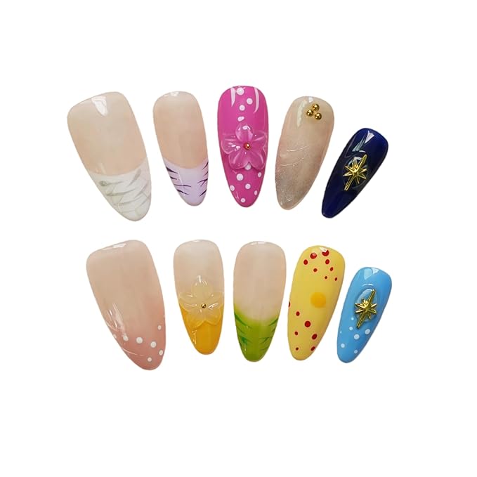 10pcs Handmade Press On Nails Almond Shaped - French Tip with 3D Floral & Polka Dot Design, Glossy Colorful Fake Nails Medium Length Full Coverage Acrylic Nails for Women (Dopamine Glow,S)