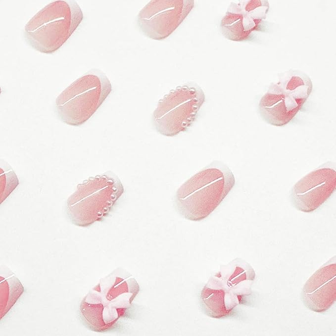 White French tips Press on Nails Short Square Fake Nails with 3D Bow Charms Design Pearl Glue on Nails Glossy False Nail tips Reusable Spring Nails for Women Girls Manicure 24pcs