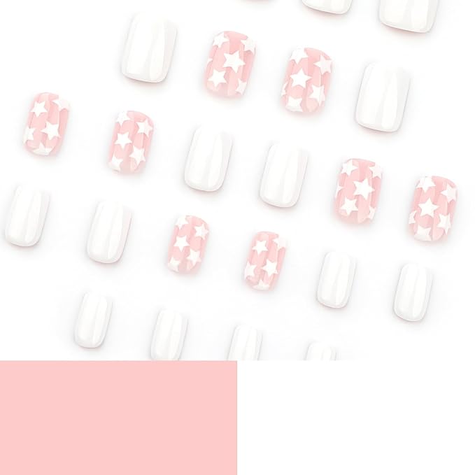 Press on Nails Short Square MABKJLF White Fake Nails False Nails with White Stars Designs Full Cover Glossy Glue on Nails Cute Stick on Nails for Women Girls 24 Pcs