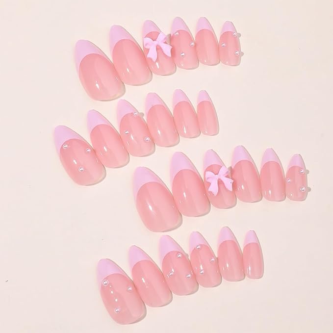 Pink Bow Press on Nails Medium Almond Fake Nails Nude Pink Nail Tips with Pearl Design Cute False Nails Stick on Nails Glossy Acrylic Glue on Nails Full Cover Artificial Nails for Women 24Pcs