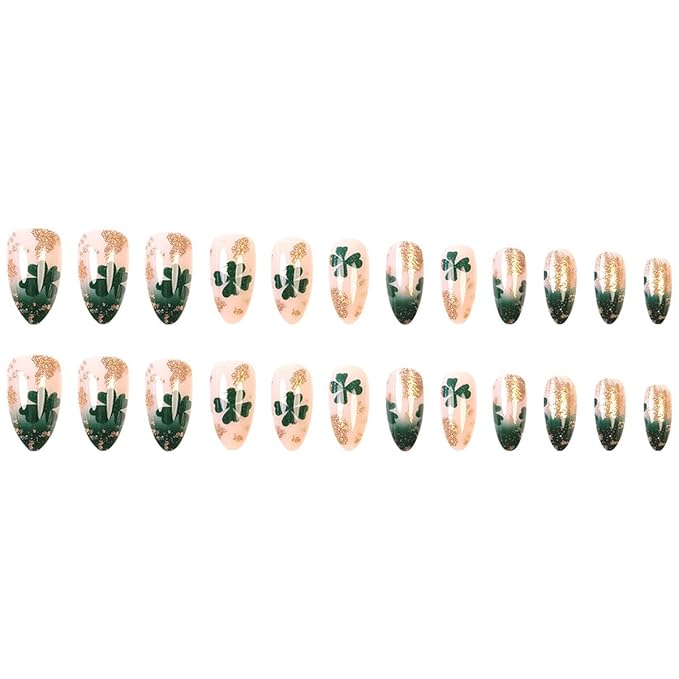 St. Patrick's Day Press on Nails - Short Almond Fake Nails Press ons with Shamrock Designs, Glossy Acrylic Nails Full Cover Glue on Nails for Women Manicure 24Pcs