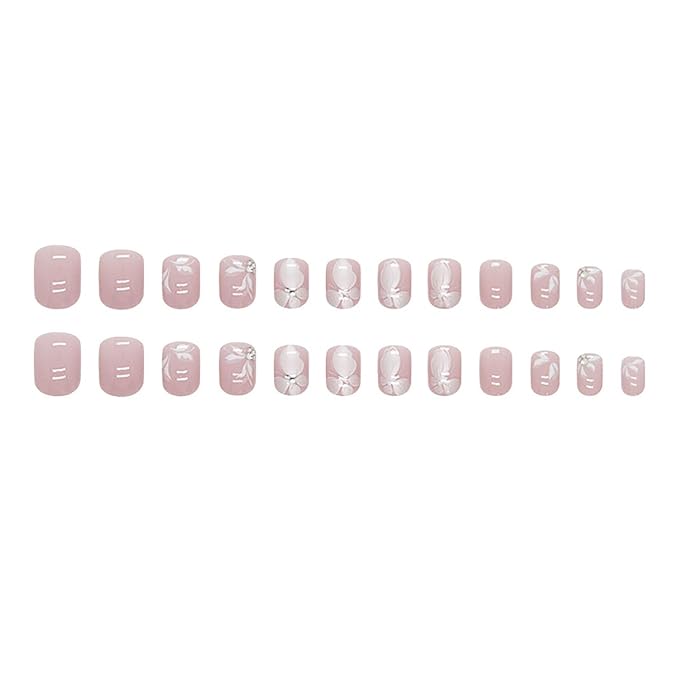 Pink Glitter Butterfly False Nails - 24pcs Full Cover Glossy Glue on Acrylic Artificial Nails