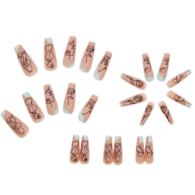 Long Press on Nails Square French Fake Nails Full Cover Nude Acrylic False Nails for Women and Girls 24PCS (Light Blue)