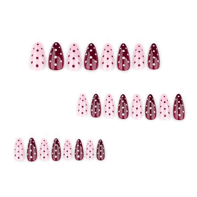 Polka Dot Press on Nails Medium Almond Fake Nails Pink False Nails Press ons with Designs Acrylic Glossy Full Cover Cute Glue on Nails Reusable Artificial Stick on Nail for Women Manicure 24 Pcs