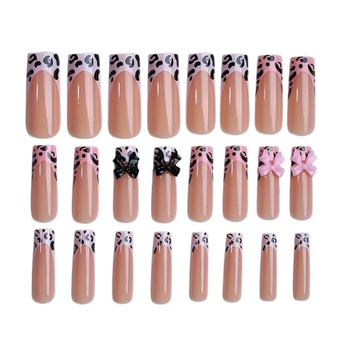 Square Press on Nails Long Pink Fake Nailwith Black and Pink Bow Acrylic Nail Press ons Leopard Stick on Nails for Women 24pcs