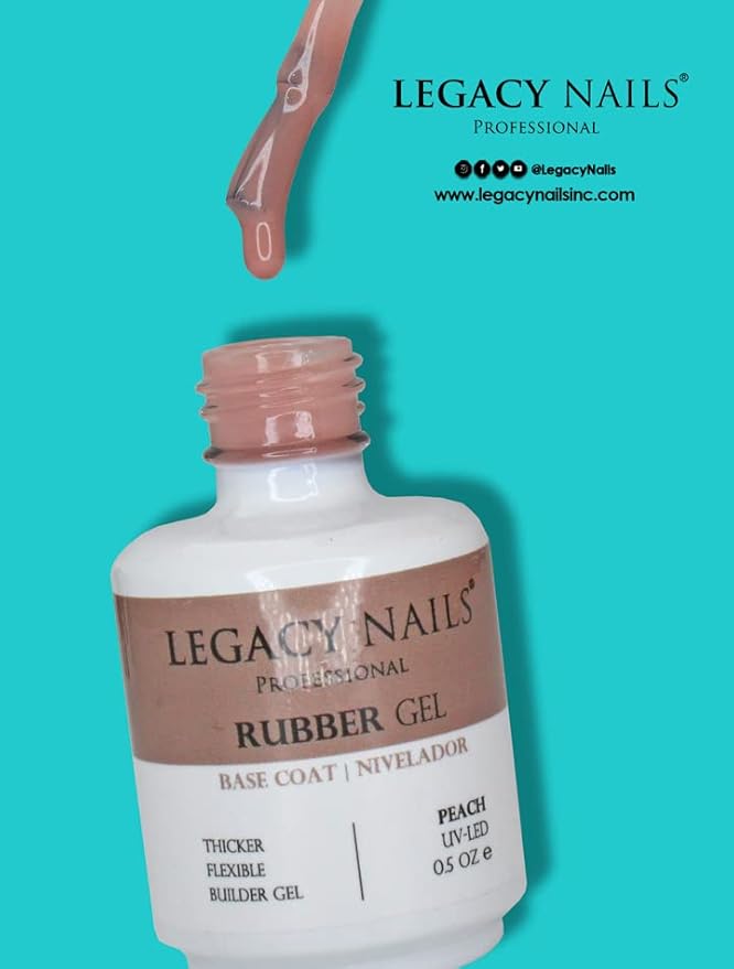LEGACY NAILS Professional Rubber Gel Base-Coat 0.5 fl oz. Nivelador UV-LED Full Coverage Elastic Thick Flexible Gel Base Coat Builder (PEACH)