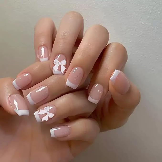 Press on Nails Square - White French Tip Fake Nails with Bow Charms Design - Short False Nails Press ons - for Women 24 Pcs
