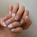 Press on Nails Square - White French Tip Fake Nails with Bow Charms Design - Short False Nails Press ons - for Women 24 Pcs