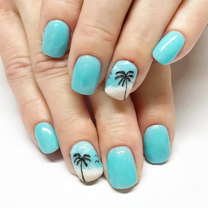 Summer Press on Nails Short Square Fake Nails Coconut Tree Seaside False Nails for Women Blue Glue on Nails Cute Glossy Artificial Nails Press ons Summer Fake Nails Manicure Kit 24Psc