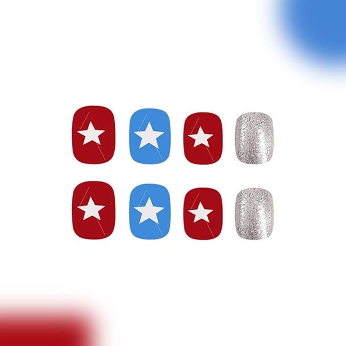 Independence Day Press on Nails Short Square Fake Nails with White Star Designs Full Cover Blue Red False Nails Glossy Glitter Acrylic Nail 4th of July Glue on Nail for Women Girls Manicure 24Pcs