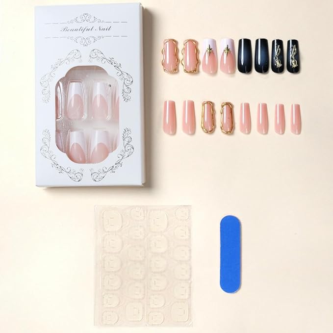 French Tips Press-On Nails Medium Square 24Pcs with Gold Flower Charm Design 3D Gold Chrome Glossy Summer False Nails